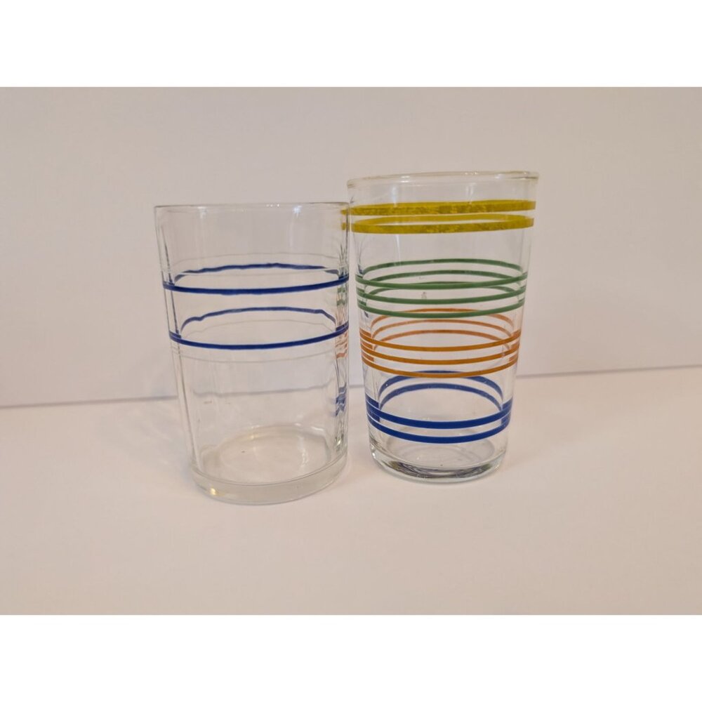 Vintage Clear Glass Tumblers With Blue & Multicolor Rings Mid-Century Style